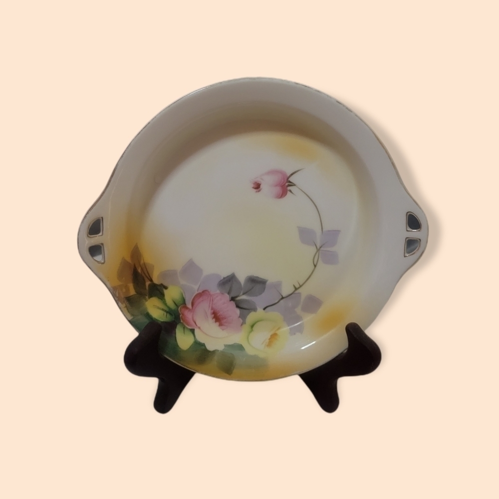 𝅺noritake Pink and Yellow Roses Gold Trim Serving Dish Vintage